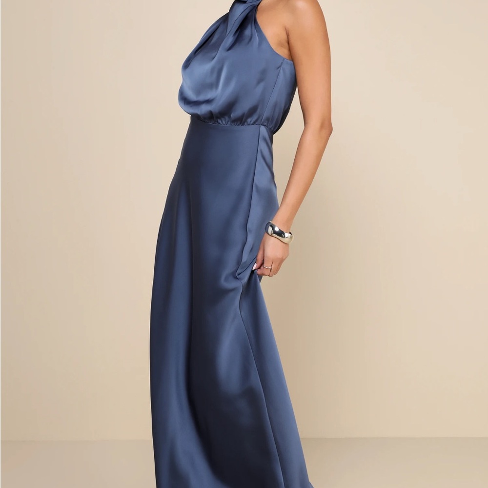 Slate Blue Satin Asymmetrical Maxi Dress